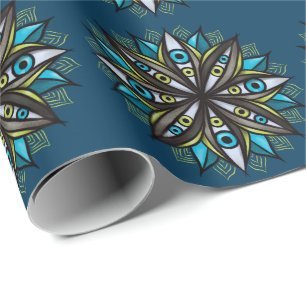 Weird Eyes Mandala Art - Trippy Flower Blue Green Wrapping Paper