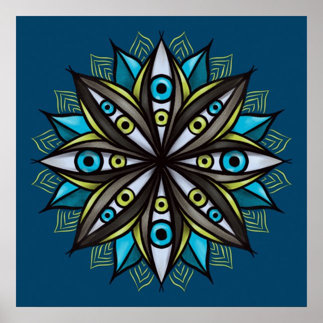 Weird Eyes With Double Iris Flower Mandala Poster (Front)