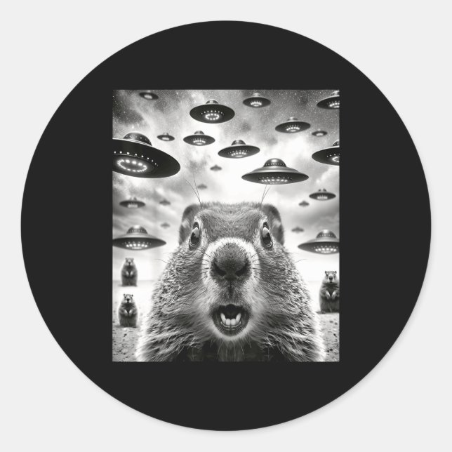 Weird Groundhogs Selfie With Alien Ufo Funny Groun Classic Round Sticker (Front)