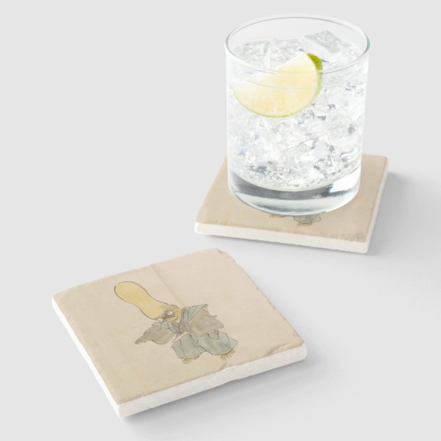 Weird Japanese Vintage Swordsman Yokai Stone Coaster (Side)