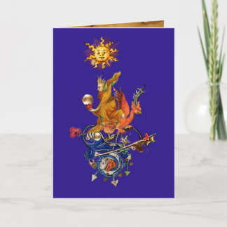 WEIRD MEDIEVAL BESTIARY,ALCHEMIST,RED DRAGON,Blue Holiday Card