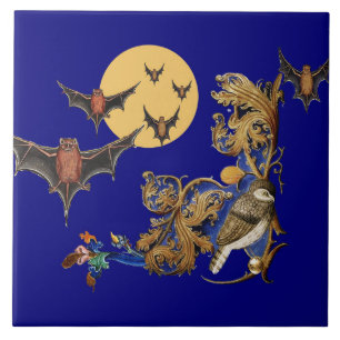 WEIRD MEDIEVAL BESTIARY,BLUE BIRD,BATS IN NIGHT  TILE