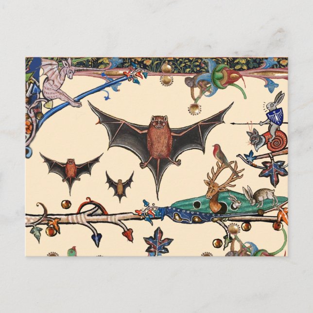 WEIRD MEDIEVAL BESTIARY,FLYING BATS FOREST ANIMALS POSTCARD (Front)