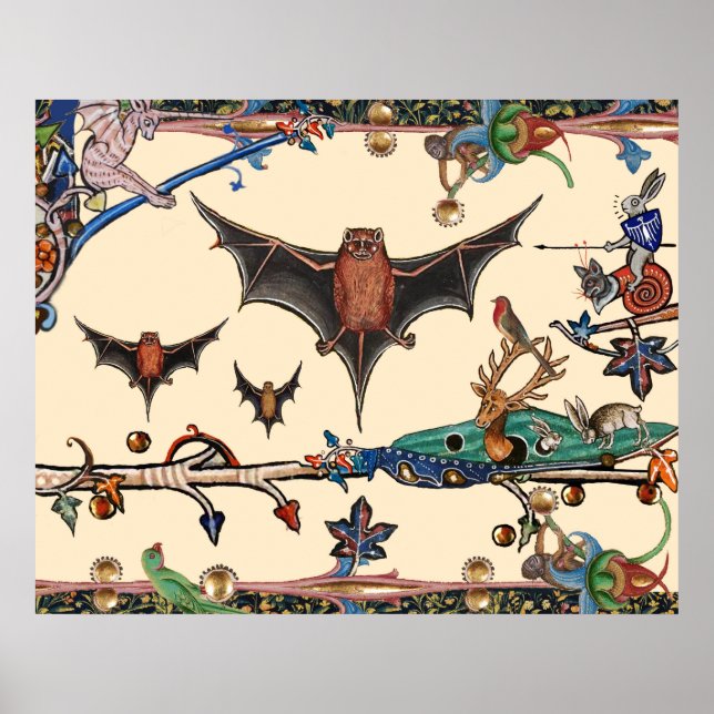 WEIRD MEDIEVAL BESTIARY,FLYING BATS FOREST ANIMALS POSTER (Front)