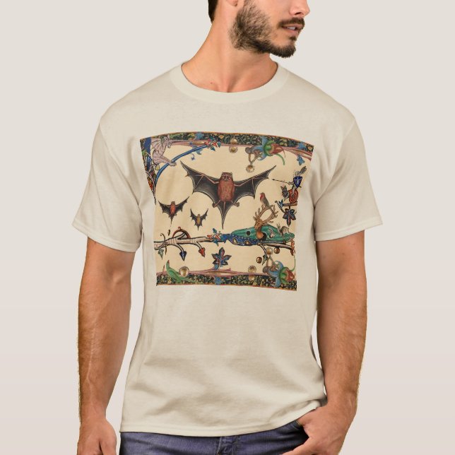 WEIRD MEDIEVAL BESTIARY,FLYING BATS FOREST ANIMALS T-Shirt (Front)