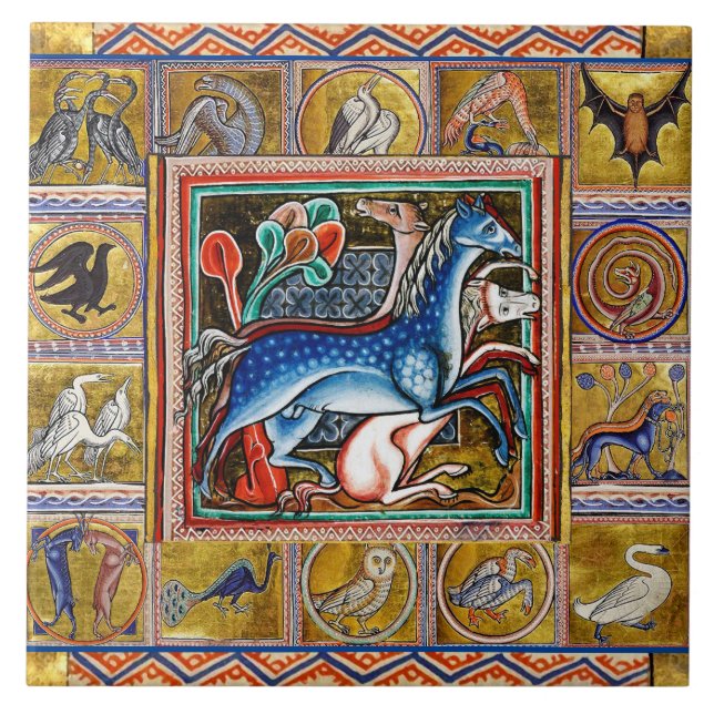 WEIRD MEDIEVAL BESTIARY,HORSES ,FOREST ANIMALS  TILE (Front)