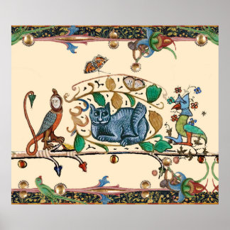 WEIRD MEDIEVAL BESTIARY HUNTER CAT,BIRD, FALCON POSTER