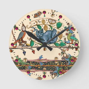 WEIRD MEDIEVAL BESTIARY HUNTER CAT,BIRD, FALCON ROUND CLOCK