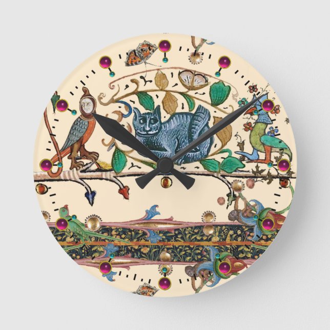 WEIRD MEDIEVAL BESTIARY HUNTER CAT,BIRD, FALCON ROUND CLOCK (Front)