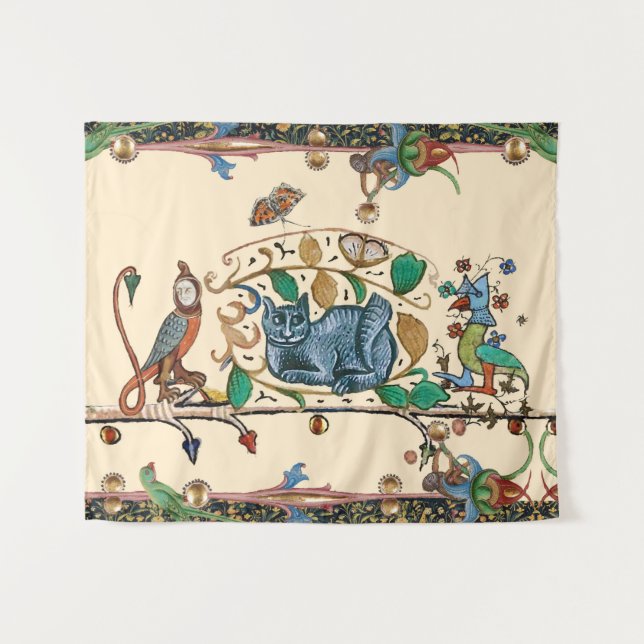 WEIRD MEDIEVAL BESTIARY HUNTER CAT,BIRD, FALCON TAPESTRY (Front (Horizontal))
