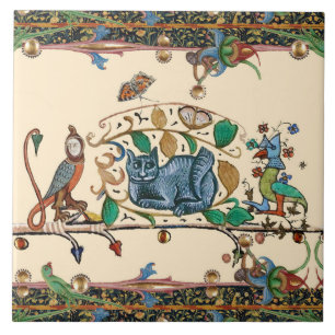 WEIRD MEDIEVAL BESTIARY HUNTER CAT,BIRD, FALCON TILE