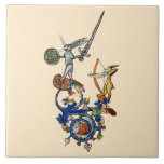 WEIRD MEDIEVAL BESTIARY,Killer Rabbits with Sword  Tile<br><div class="desc">Mediaeval bestiary war. Digital collage by Bulgan Lumini ©</div>