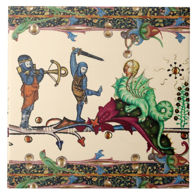 WEIRD MEDIEVAL BESTIARY ,KNIGHTS AND HYBRID DRAGON TILE (Front)