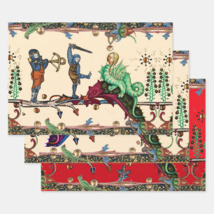 WEIRD MEDIEVAL BESTIARY ,KNIGHTS AND HYBRID DRAGON WRAPPING PAPER SHEET