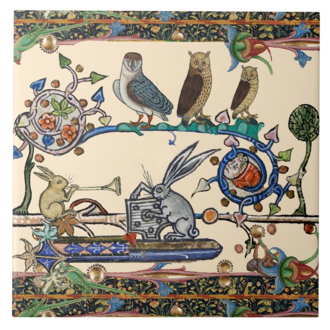 WEIRD MEDIEVAL BESTIARY MAKING MUSIC Owls ,Rabbits Tile (Front)