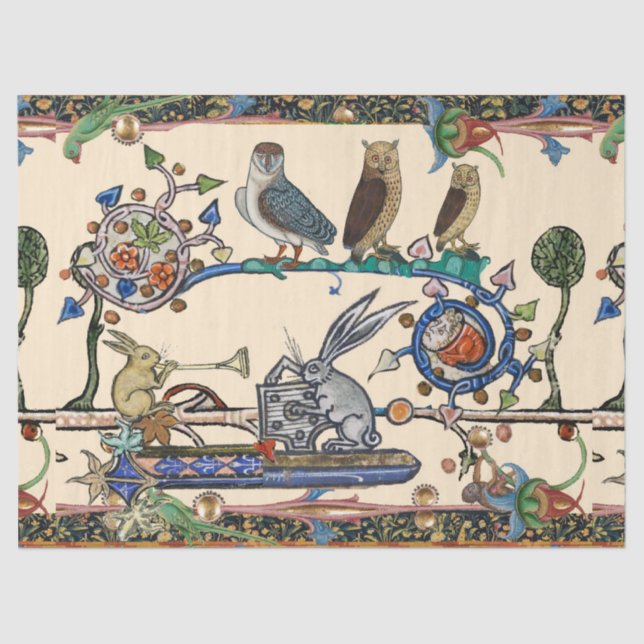 WEIRD MEDIEVAL BESTIARY MAKING MUSIC Owls ,Rabbits Tissue Paper (Front)