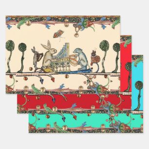 WEIRD MEDIEVAL BESTIARY MAKING MUSIC,Rabbit, Dog Wrapping Paper Sheet