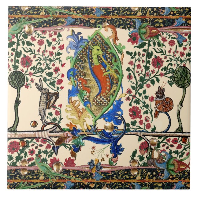 WEIRD MEDIEVAL BESTIARY MUSIC,DRAGON PLAYING FLUTE TILE (Front)