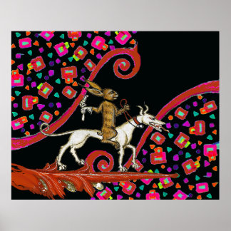 WEIRD MEDIEVAL BESTIARY Rabbit Riding a White Dog Poster