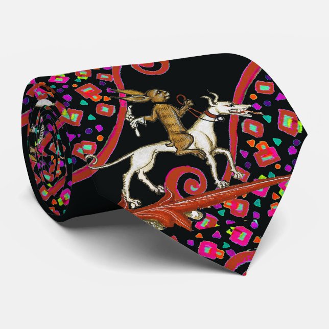 WEIRD MEDIEVAL BESTIARY Rabbit Riding a White Dog  Tie (Rolled)