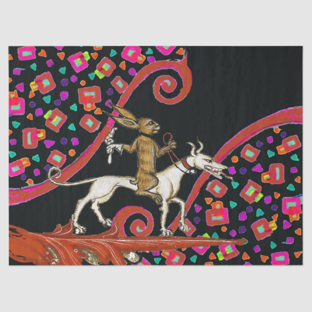 WEIRD MEDIEVAL BESTIARY Rabbit Riding a White Dog  Tissue Paper (Front)