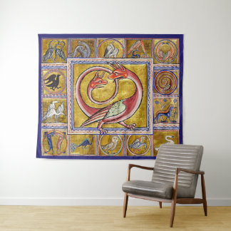 WEIRD MEDIEVAL BESTIARY,SNAKE DRAGON,FOREST ANIMAL TAPESTRY