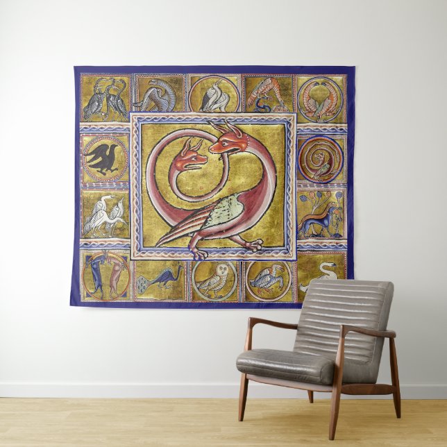 WEIRD MEDIEVAL BESTIARY,SNAKE DRAGON,FOREST ANIMAL TAPESTRY (In Situ (Horizontal))