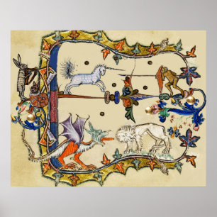 WEIRD MEDIEVAL BESTIARY ,UNICORN FIGHTING MONKEY POSTER