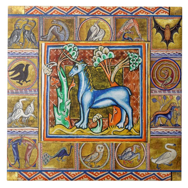 WEIRD MEDIEVAL BESTIARY,UNICORN,FOREST ANIMALS   TILE (Front)