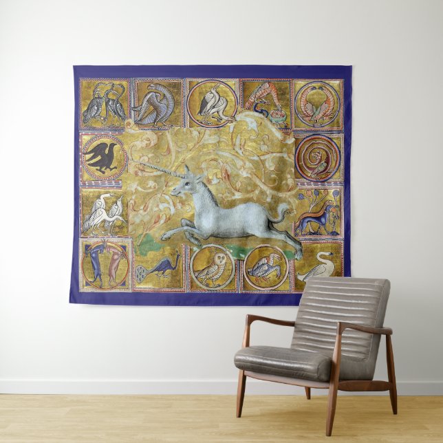 WEIRD MEDIEVAL BESTIARY,UNICORN RUN,FOREST ANIMALS TAPESTRY (In Situ (Horizontal))