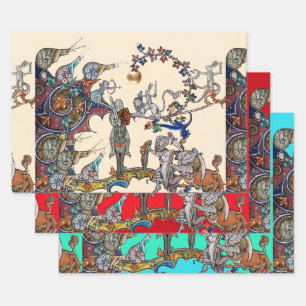 WEIRD MEDIEVAL BESTIARY WAR, KNIGHTS,GIANT SNAILS  WRAPPING PAPER SHEET