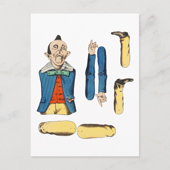 weird old man articulated paper doll cut out postcard (Front)