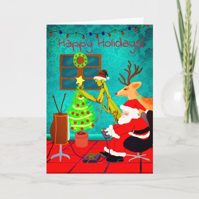 Weird Santa Praying Mantis Personalised Christmas Card (Front)