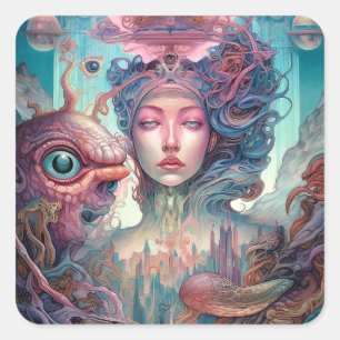Weird Surreal Alien Woman Art Square Sticker