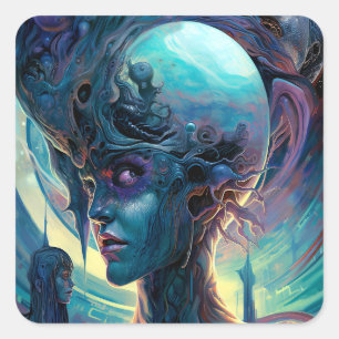 Weird Surreal Alien Woman Art Square Sticker