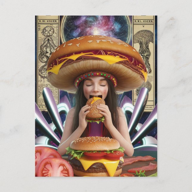 Weird Surreal Girl with a Cheeseburger Hat Postcard (Front)