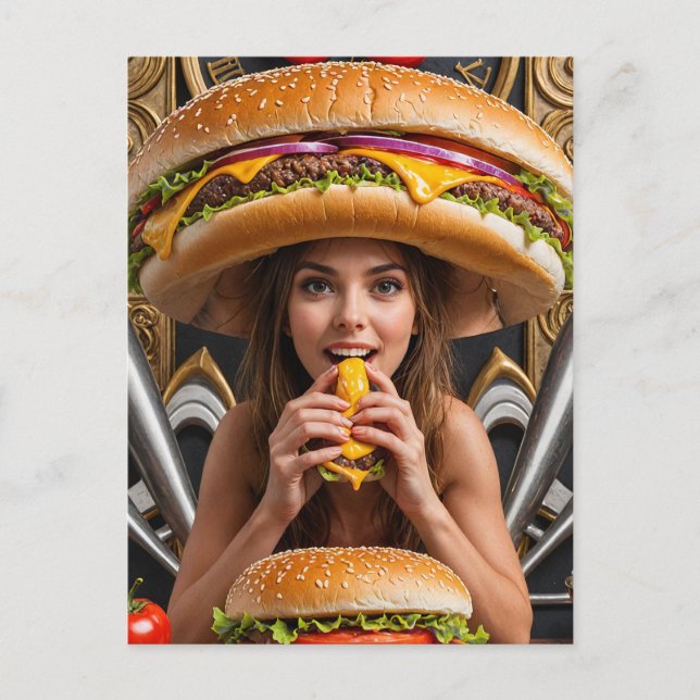 Weird Surreal Girl with a Cheeseburger Hat Postcard (Front)