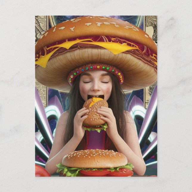 Weird Surreal Girl with a Cheeseburger Hat Scifi Postcard (Front)