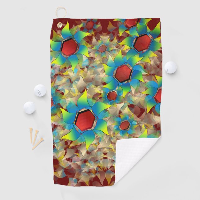 Weird virtual flowers, bluish petals on dark red golf towel (InSitu)
