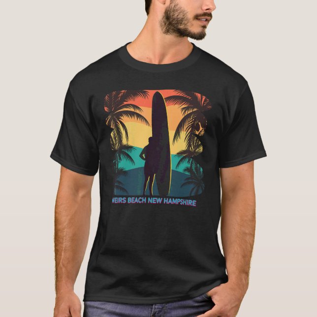 Weirs Beach New Hampshire Palm Tree Surfboard Surf T-Shirt (Front)