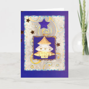 WEISSGOLDENER WEIHNACHTSBAUM auf Blau mit Sternen Holiday Card