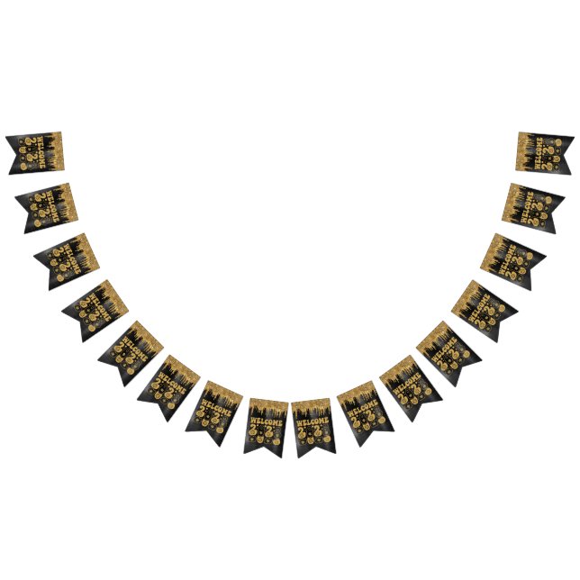 WELCOME 2023 BLACK & GOLD GLITTER DRIP CUSTOM BUNTING  (All)