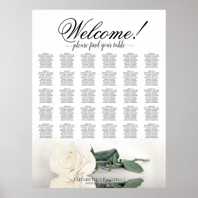 Welcome! 30 Table White Rose Wedding Seating Chart (Front)
