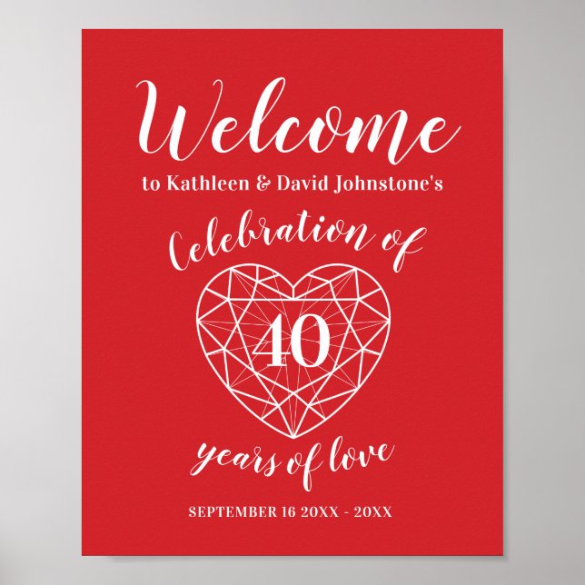 Welcome 40th ruby anniversary heart personalised poster (Front)