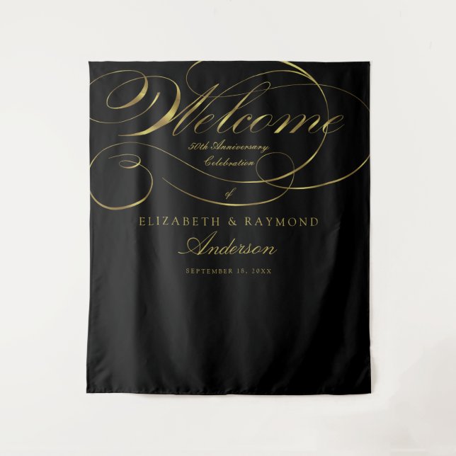 Welcome 50th Anniversary Elegant Silver Script Tapestry (Front)