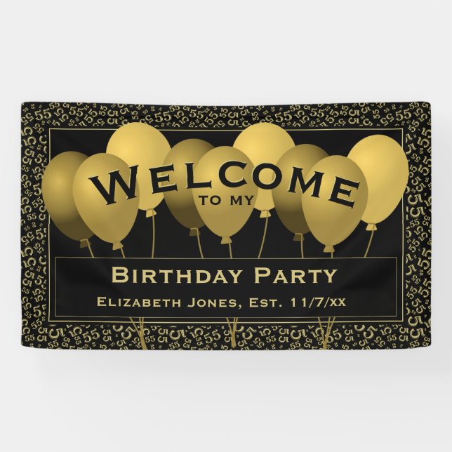 Welcome 55th Birthday Number Pattern | Black/Gold Banner (Horizontal)