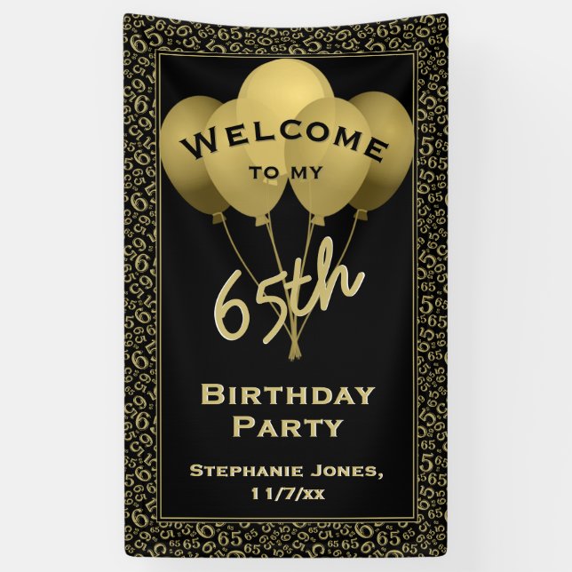 Welcome 65th Birthday Number Patten Gold and Black Banner (Vertical)
