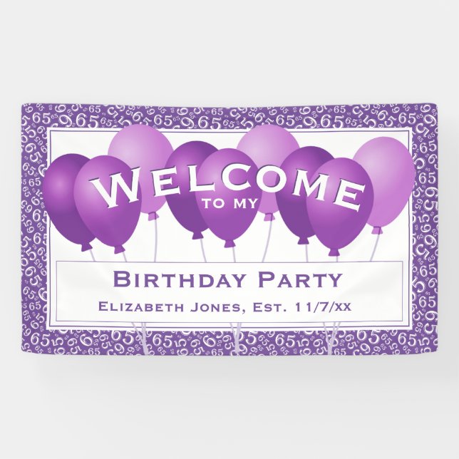 Welcome 65th Birthday Number Pattern | Purpe/White Banner (Horizontal)