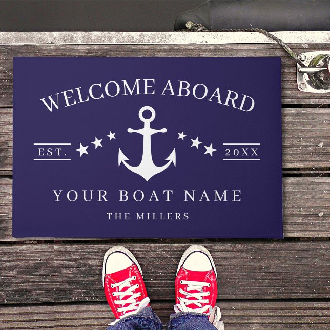 Welcome Aboard Anchor Boat Name Nautical Doormat (Anchor Custom Boat Name Welcome  Aboard  Nautical Doormat)