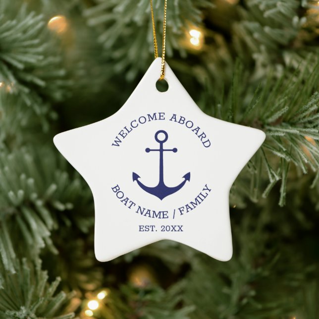 Welcome Aboard blue white Custom nautical anchor Ceramic Tree Decoration (Tree)